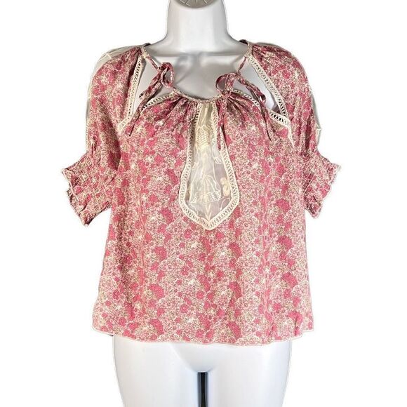 Urban Outfitters Women's Floral Blouse Mesh Sleeve Top Pleated Pink Rose Small - Picture 1 of 13